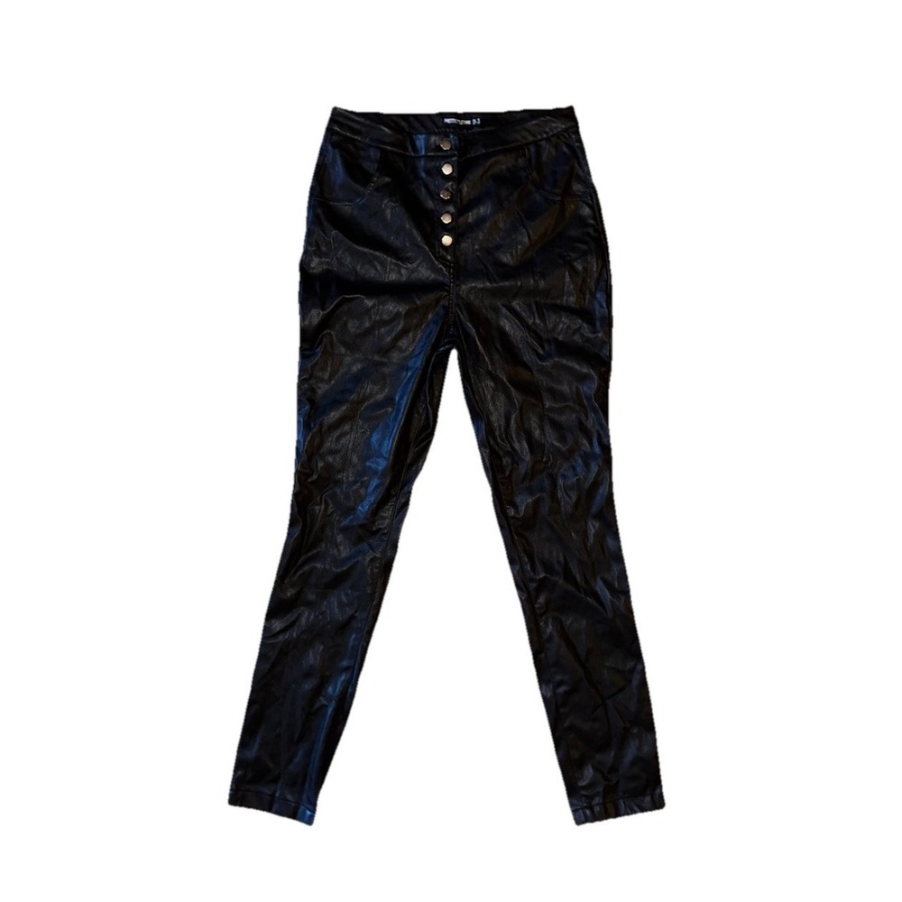 PrettyLittleThing Black Faux Leather Skinny‎ Pants Button Fly High Waist Size 8
